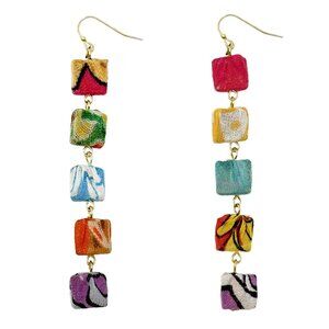 Fair Trade Square Bead Quintet Earrings Recycle Kantha Fabric Bead Boho Handmade